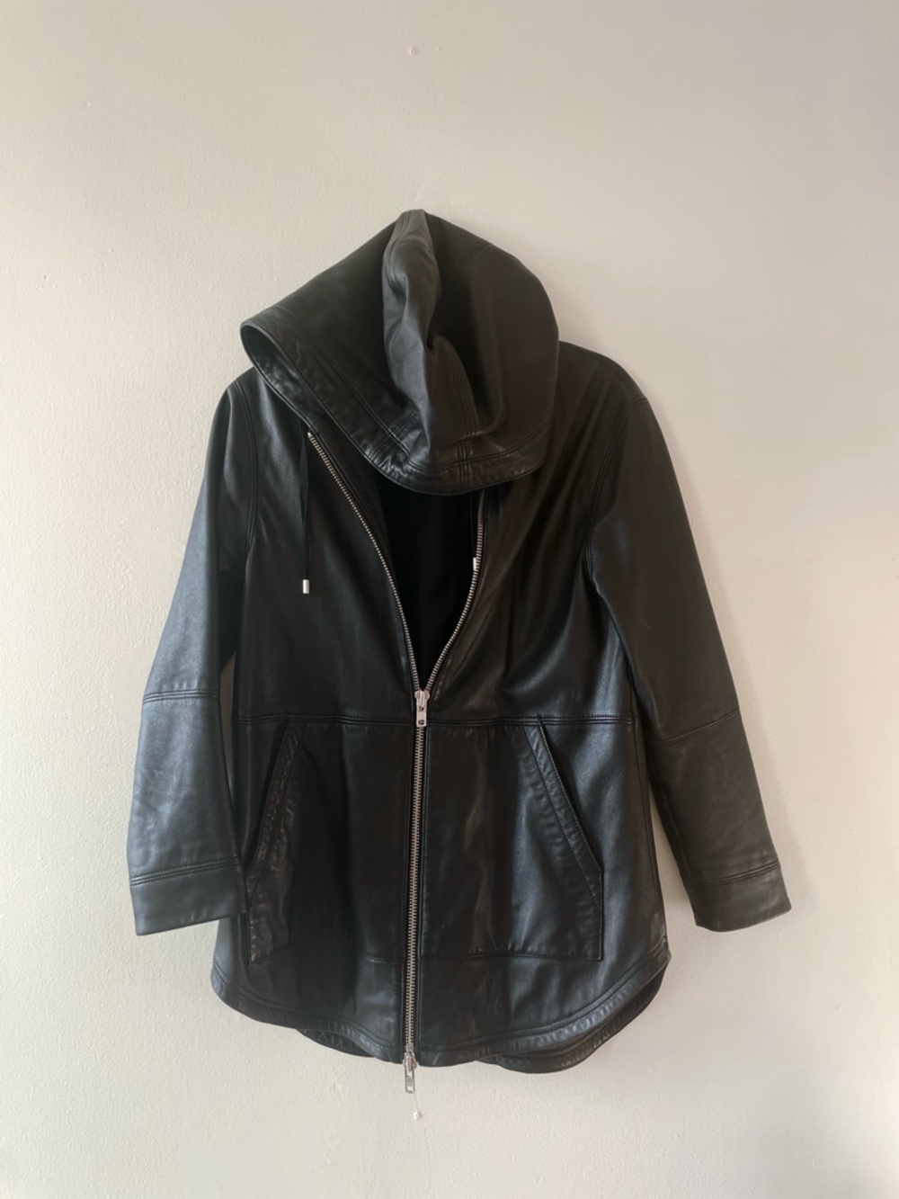 Public School Black Leather Hooded Zip Jacket
